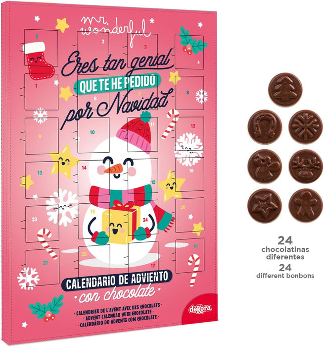 Dekora Calendario de Adviento Mr. Wonderful, 50g. Una cuenta atrás para la Navidad con 24 chocolatinas, mensajes positivos y el diseño más genial y divertido. Dekora - pack