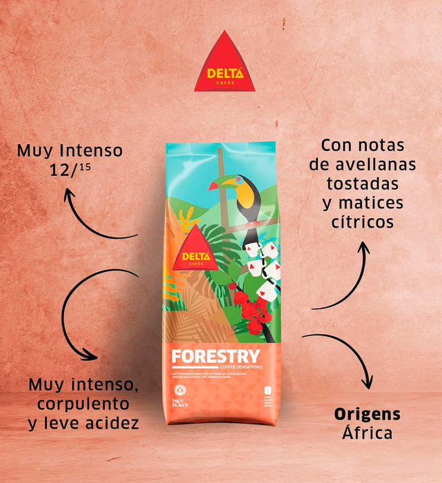 Delta Cafés Forestry, café en grano de tueste natural 1Kg. Blend de Arábica y Robusta de África con intensidad 12, notas de chocolate y especias, y certificado Rainforest Alliance. Delta Cafés - detalle