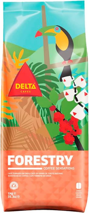 Delta Cafés Forestry, café en grano de tueste natural 1Kg. Blend de Arábica y Robusta de África con intensidad 12, notas de chocolate y especias, y certificado Rainforest Alliance. Delta Cafés - frontal
