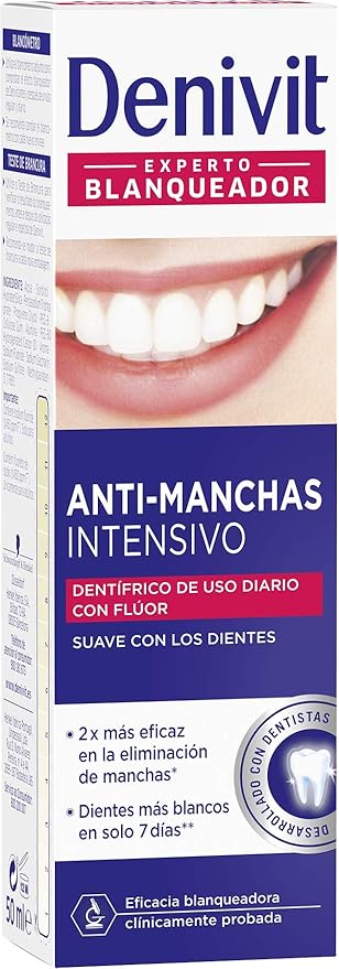 Denivit Dentífrico Anti-Manchas Intensivo, Pack de 12 tubos de 50ml (Total 600ml). Una pasta de dientes blanqueadora profesional para eliminar manchas y recuperar el blanco natural. Denivit - frontal