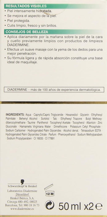 Diadermine Crema de Día Hidratante Matificante, set de 2x50 ml. Ideal para pieles normales a mixtas, controla los brillos, minimiza los poros y proporciona hidratación equilibrada y duradera. Diadermine - detalle