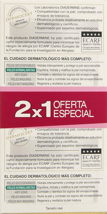 Diadermine Crema de Día Hidratante Matificante, set de 2x50 ml. Ideal para pieles normales a mixtas, controla los brillos, minimiza los poros y proporciona hidratación equilibrada y duradera. Diadermine - ingredientes