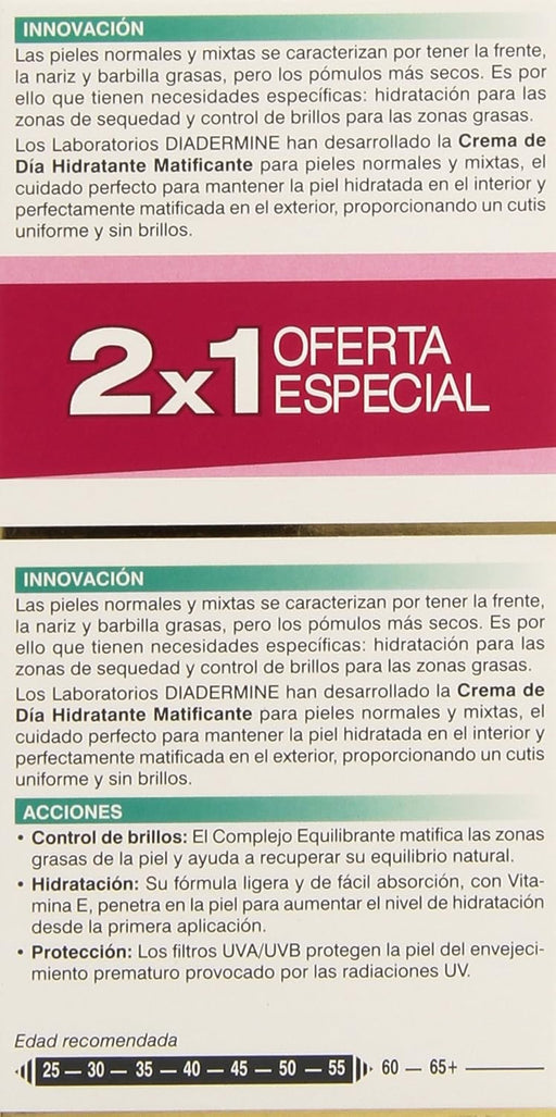 Diadermine Crema de Día Hidratante Matificante, set de 2x50 ml. Ideal para pieles normales a mixtas, controla los brillos, minimiza los poros y proporciona hidratación equilibrada y duradera. Diadermine - pack