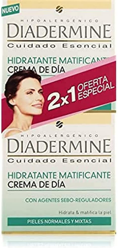 Diadermine Crema de Día Hidratante Matificante, set de 2x50 ml. Ideal para pieles normales a mixtas, controla los brillos, minimiza los poros y proporciona hidratación equilibrada y duradera. Diadermine - frontal