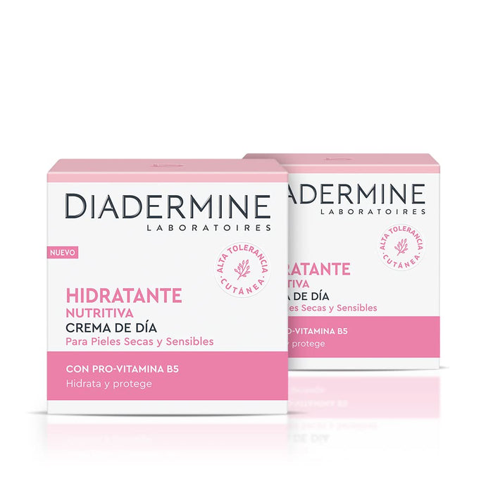 Diadermine Crema de Día Hidratante Nutritiva, pack de 2x50ml. Fórmula especializada para pieles secas y sensibles con Provitamina B5 que protege, nutre y suaviza intensamente tu cutis. Diadermine - frontal