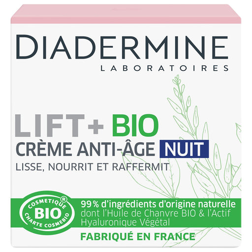 Diadermine Lift+ Crema de Noche Bio Anti-Edad, 50ml. Con Aceite de Cannabis Bio y Hialurón Vegetal para nutrir, alisar, reafirmar e hidratar la piel mientras duermes para un rostro regenerado. Diadermine - frontal