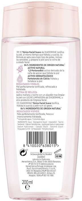 Diadermine Tónico Facial Suave con Provitamina B5, 200 ml. Refresca, hidrata y suaviza todo tipo de pieles, eliminando las últimas impurezas y preparando el rostro para el siguiente paso. Diadermine - pack