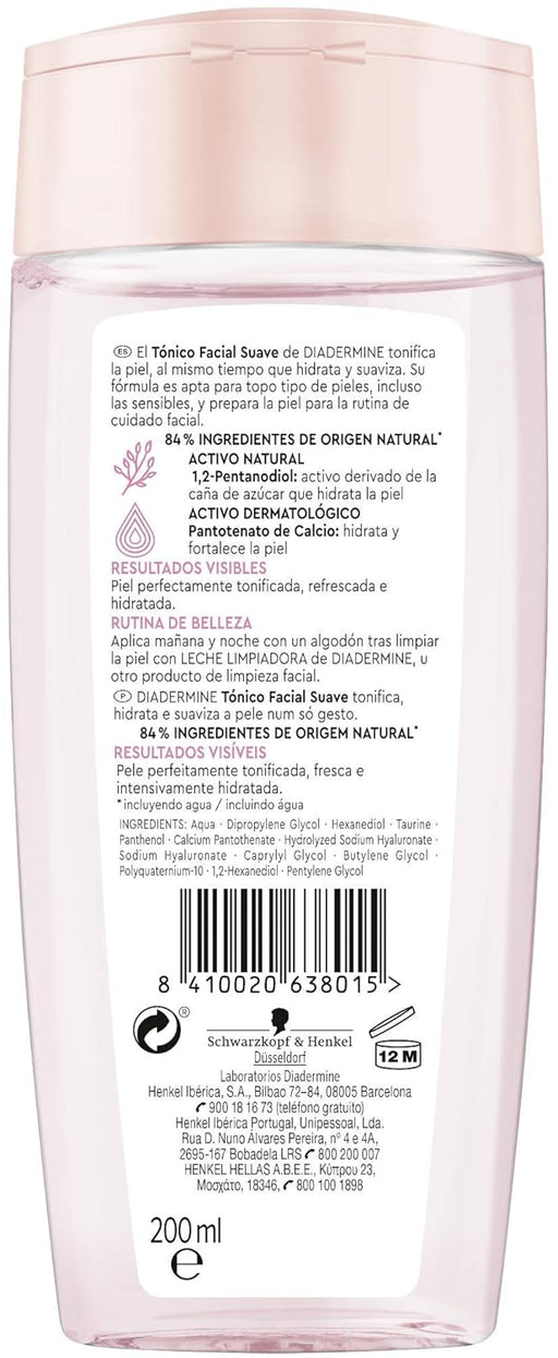 Diadermine Tónico Facial Suave con Provitamina B5, 200 ml. Refresca, hidrata y suaviza todo tipo de pieles, eliminando las últimas impurezas y preparando el rostro para el siguiente paso. Diadermine - pack