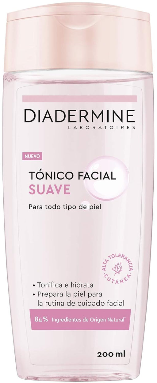 Diadermine Tónico Facial Suave con Provitamina B5, 200 ml. Refresca, hidrata y suaviza todo tipo de pieles, eliminando las últimas impurezas y preparando el rostro para el siguiente paso. Diadermine - frontal