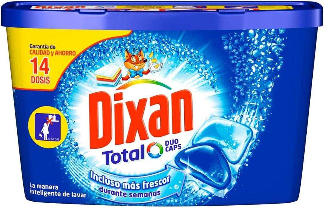 Dixan Detergente en Cápsulas, formato ahorro con 8 cajas de 14 dosis (total 112 lavados). Cápsulas predosificadas para una limpieza potente, cómoda y sostenible. Dixan - lateral