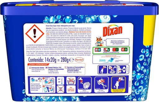 Dixan Detergente en Cápsulas, formato ahorro con 8 cajas de 14 dosis (total 112 lavados). Cápsulas predosificadas para una limpieza potente, cómoda y sostenible. Dixan - pack