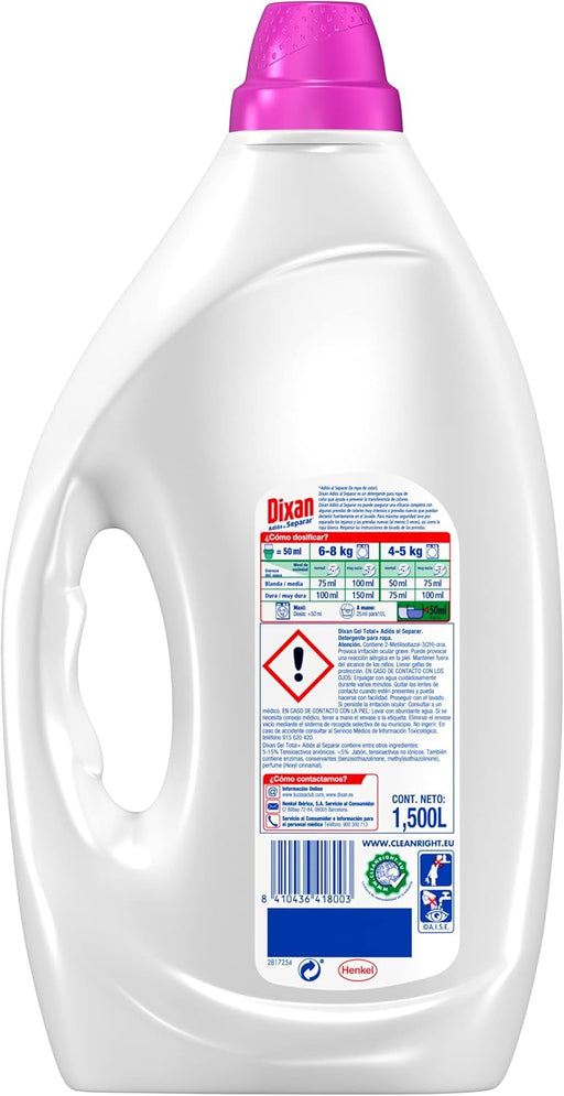 Dixan Gel Adiós al Separar Total 3+1, pack de 4 detergentes líquidos para lavadora (120 lavados). Fórmula antitransferencia de colores para ropa de color, limpieza profunda y frescor. Dixan - pack