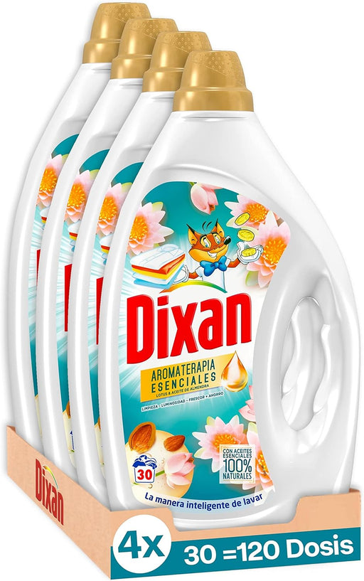 Dixan Gel Aromaterapia Loto y Aceite de Almendras, pack de 4 detergentes líquidos (120 lavados). Jabón para ropa blanca y de color con aceites esenciales 100% naturales. Dixan - frontal