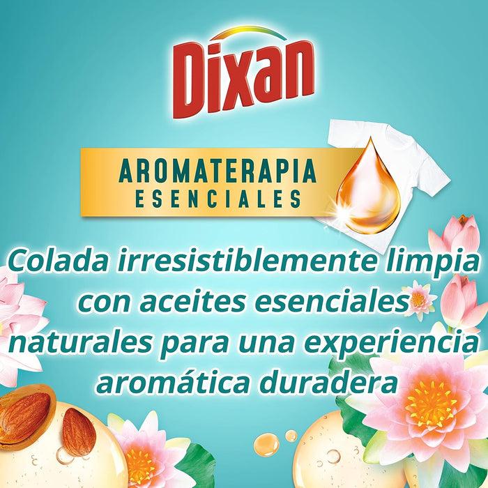 Dixan Gel Aromaterapia Loto y Aceite de Almendras, pack de 4 detergentes líquidos (120 lavados). Jabón para ropa blanca y de color con aceites esenciales 100% naturales. Dixan - ingredientes