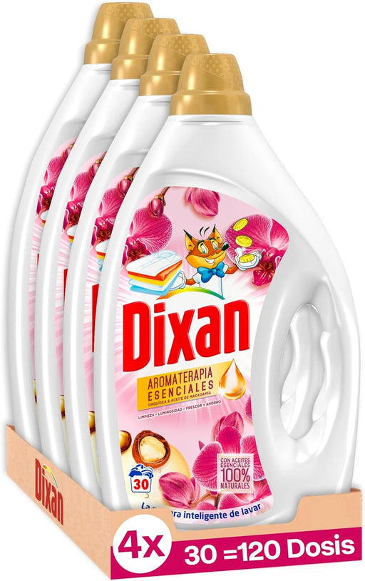 Dixan Gel Aromaterapia Orquídea y Aceite de Macadamia, pack de 4 detergentes (120 lavados). Jabón líquido con aceites esenciales 100% naturales para ropa blanca y de color. Dixan - frontal