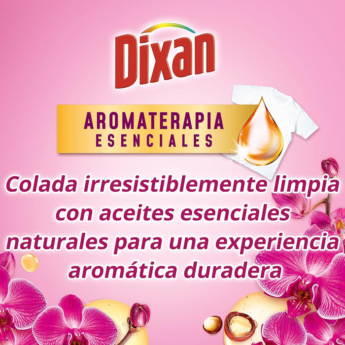 Dixan Gel Aromaterapia Orquídea y Aceite de Macadamia, pack de 4 detergentes (120 lavados). Jabón líquido con aceites esenciales 100% naturales para ropa blanca y de color. Dixan - ingredientes