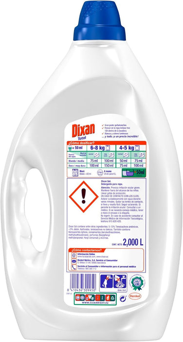 Dixan Gel Total 3+1, detergente líquido para lavadora, pack de 4 envases (120 lavados). Jabón para ropa blanca y clara que asegura limpieza, luminosidad y frescor duradero. Dixan - extra