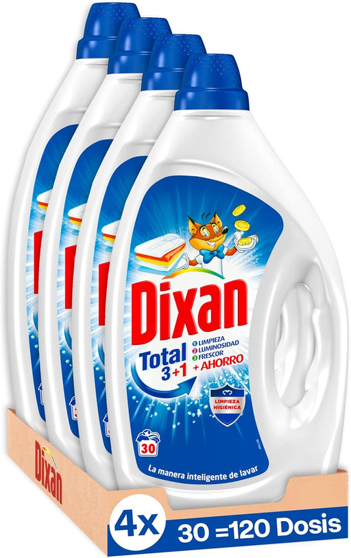 Dixan Gel Total 3+1, detergente líquido para lavadora, pack de 4 envases (120 lavados). Jabón para ropa blanca y clara que asegura limpieza, luminosidad y frescor duradero. Dixan - frontal