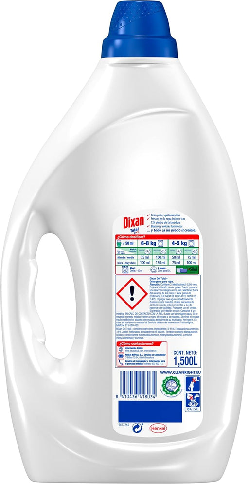 Dixan Gel Total 3+1, detergente líquido para lavadora, pack de 4 envases (120 lavados). Jabón para ropa blanca y clara que asegura limpieza, luminosidad y frescor duradero. Dixan - pack