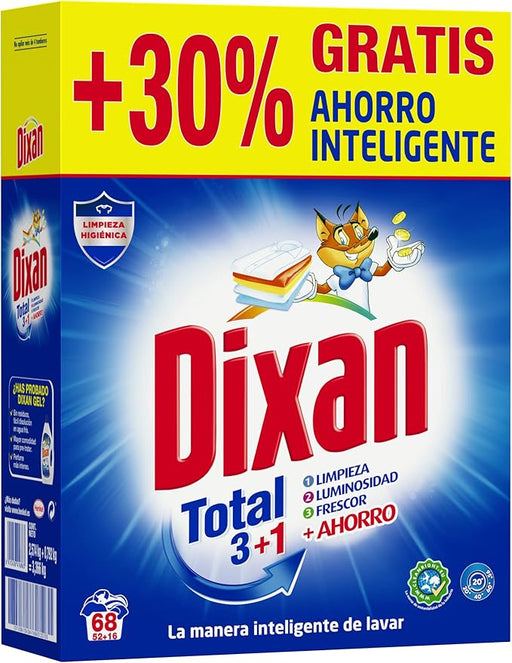Dixan Polvo Total 3+1, detergente en polvo para lavadora (68 lavados). Jabón en polvo para ropa blanca y de color que proporciona limpieza, luminosidad y un frescor duradero. Dixan - frontal