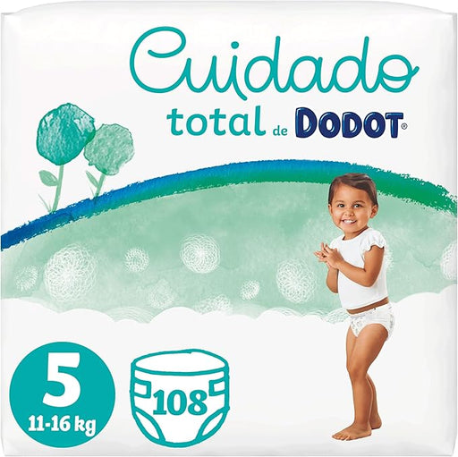 Dodot Pañales Bebé Cuidado Total Talla 5 (11-16 kg), 108 Pañales. Confort y protección natural con materiales de origen vegetal, sin aditivos y hasta 12h de sequedad para bebés activos. Dodot - frontal