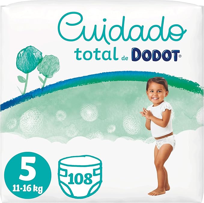 Dodot Pañales Bebé Cuidado Total Talla 5 (11-16 kg), 108 Pañales. Confort y protección natural con materiales de origen vegetal, sin aditivos y hasta 12h de sequedad para bebés activos. Dodot - frontal