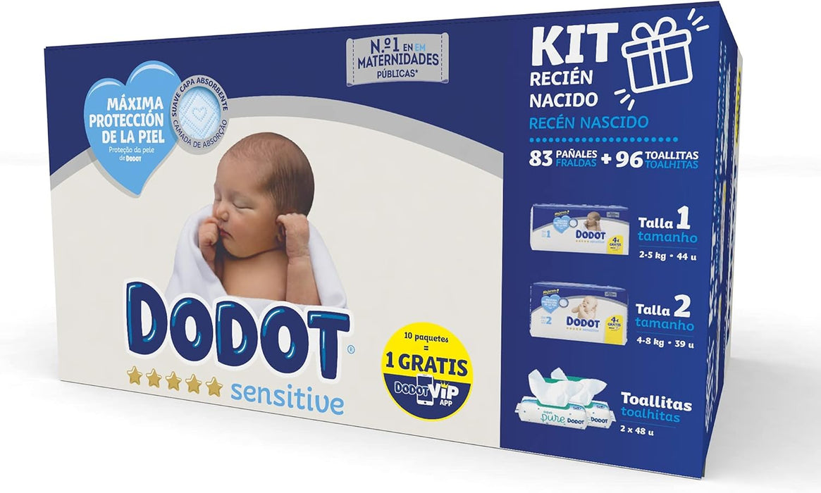 Dodot Sensitive Kit de Bienvenida para Recién Nacido. Incluye 44 pañales Talla 1, 39 pañales Talla 2 y 96 toallitas Aqua Pure. El regalo perfecto para el cuidado inicial del bebé. Dodot - zoom