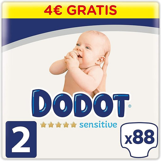 Dodot Sensitive Pañales Talla 2 (4-8 Kg), Pack de 92 Unidades. Con tubos ultra-absorbentes, suavidad de seda y máxima protección para la piel sensible de tu bebé en crecimiento. Dodot - frontal