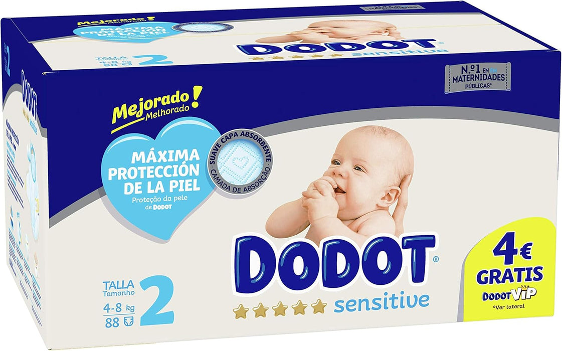 Dodot Sensitive Pañales Talla 2 (4-8 Kg), Pack de 92 Unidades. Con tubos ultra-absorbentes, suavidad de seda y máxima protección para la piel sensible de tu bebé en crecimiento. Dodot - lateral