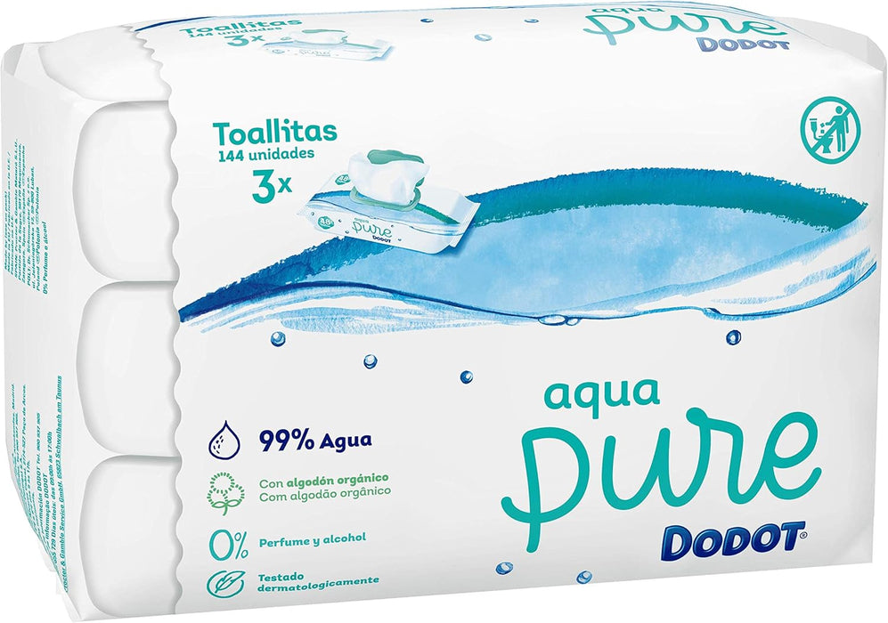 Dodot Toallitas Aqua Pure para Bebé, elaboradas con 99% de Agua y Algodón Orgánico. Pack de 3 paquetes, 144 toallitas en total, para una limpieza delicada y pura desde el primer día. Dodot - lateral