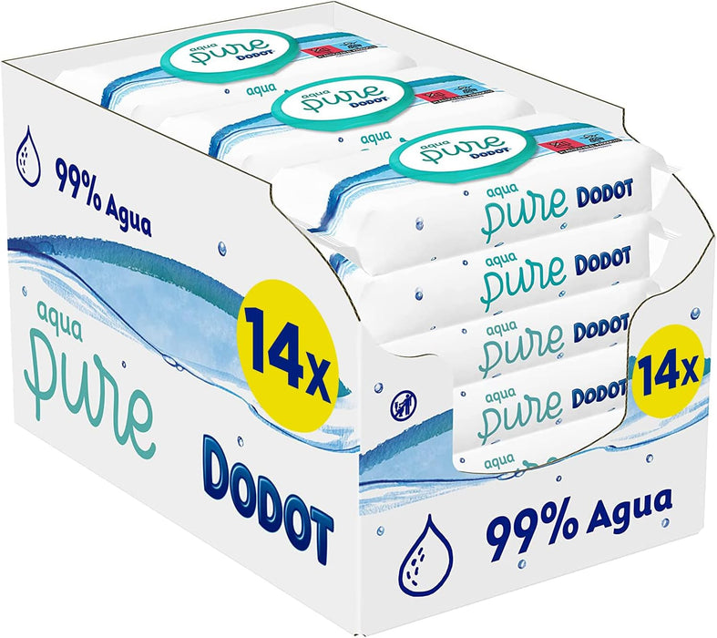 Dodot Toallitas para Bebé Aqua Pure, 672 unidades (14 paquetes x 48). Elaboradas con 99% de agua y algodón premium para la limpieza más pura y delicada de la piel del recién nacido. Dodot - frontal