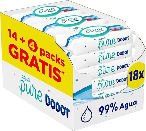 Dodot Toallitas para Bebé Aqua Pure, 99% Agua, Pack Ahorro 864 Toallitas (18 Paquetes). Abastécete del cuidado más puro y delicado para la piel de tu bebé con este formato de máximo ahorro. Dodot - frontal