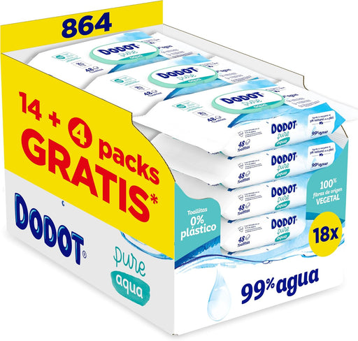 Dodot Toallitas Pure Aqua para Bebé, pack de 864 toallitas (18 paquetes de 48). Fórmula con 99% de agua que ayuda a restaurar el pH natural de la piel. Sin plástico y sin perfume. Dodot - frontal