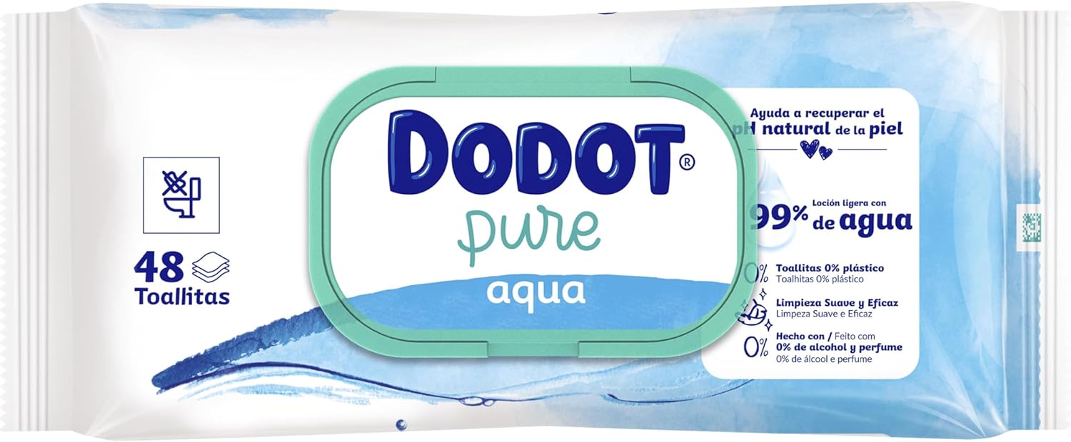 Dodot Toallitas Pure Aqua para Bebé, pack de 864 toallitas (18 paquetes de 48). Fórmula con 99% de agua que ayuda a restaurar el pH natural de la piel. Sin plástico y sin perfume. Dodot - presentacion