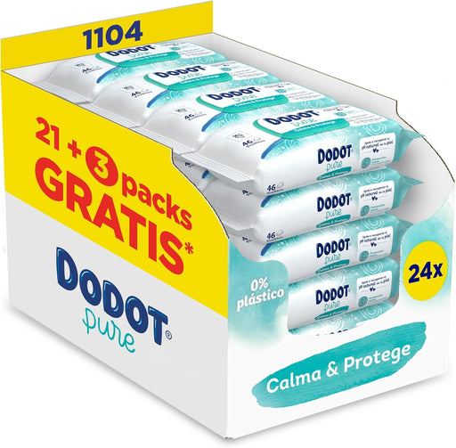 Dodot Toallitas Pure Calma & Protege para Bebé, Mega Pack de 1104 Toallitas (24x46). Fórmula con aloe vera que restaura el pH, 99% agua y sin plástico para el cuidado más puro. Dodot - frontal
