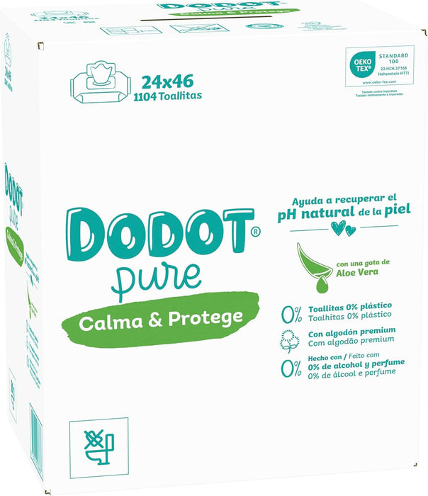 Dodot Toallitas Pure Calma & Protege para Bebé, Mega Pack de 1104 Toallitas (24x46). Fórmula con aloe vera que restaura el pH, 99% agua y sin plástico para el cuidado más puro. Dodot - zoom
