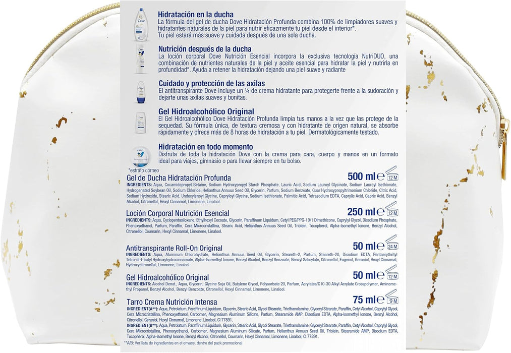Neceser de Regalo para Mujer Dove con Set de Baño Completo. Incluye Gel 500ml, Loción 250ml, Desodorante Roll-On, Crema 75ml, Gel Hidroalcohólico y Bolsa de Aseo. Dove - extra