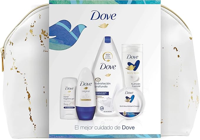 Neceser de Regalo para Mujer Dove con Set de Baño Completo. Incluye Gel 500ml, Loción 250ml, Desodorante Roll-On, Crema 75ml, Gel Hidroalcohólico y Bolsa de Aseo. Dove - frontal