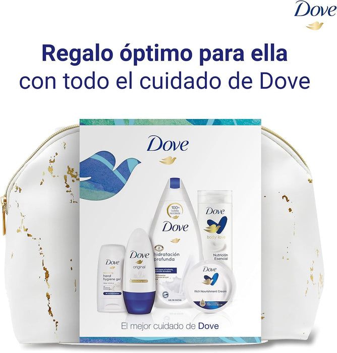 Neceser de Regalo para Mujer Dove con Set de Baño Completo. Incluye Gel 500ml, Loción 250ml, Desodorante Roll-On, Crema 75ml, Gel Hidroalcohólico y Bolsa de Aseo. Dove - lateral