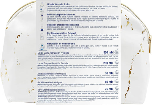 Neceser de Regalo para Mujer Dove con Set de Baño Completo. Incluye Gel 500ml, Loción 250ml, Desodorante Roll-On, Crema 75ml, Gel Hidroalcohólico y Bolsa de Aseo. Dove - pack