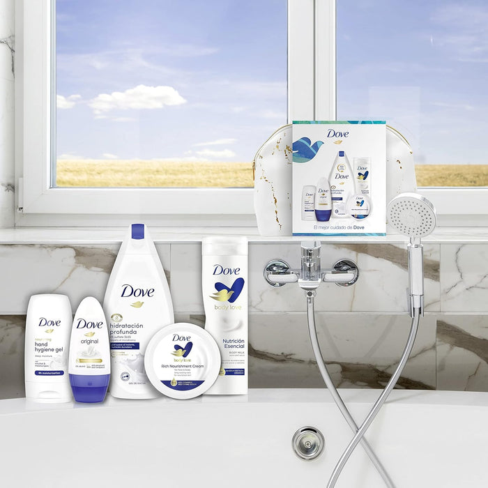 Neceser de Regalo para Mujer Dove con Set de Baño Completo. Incluye Gel 500ml, Loción 250ml, Desodorante Roll-On, Crema 75ml, Gel Hidroalcohólico y Bolsa de Aseo. Dove - uso