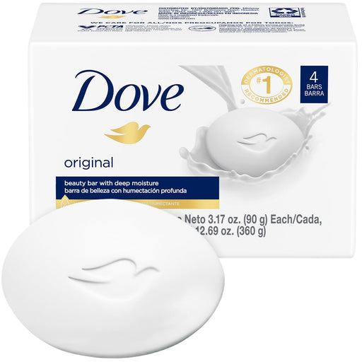 Pastilla de Jabón Dove Original Beauty Cream Bar, pack de 4x100g. Limpia e hidrata la piel gracias a su fórmula con ¼ de crema hidratante, dejando una sensación de suavidad única. Dove - frontal