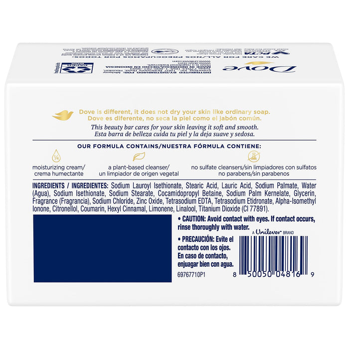 Pastilla de Jabón Dove Original Beauty Cream Bar, pack de 4x100g. Limpia e hidrata la piel gracias a su fórmula con ¼ de crema hidratante, dejando una sensación de suavidad única. Dove - pack