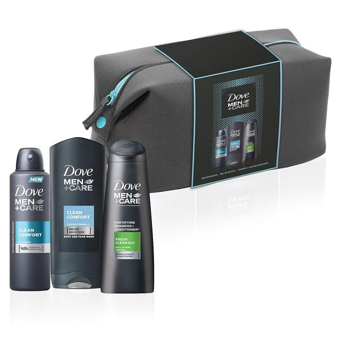 Set de Regalo para Hombre Dove Men+Care con Neceser. Un pack de aseo masculino con Gel de Ducha 400ml, Desodorante 200ml y Champú y Acondicionador 2 en 1 250ml. Dove - detalle