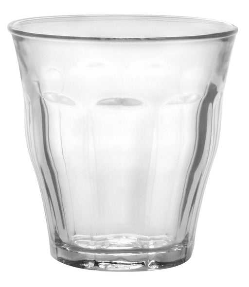 Juego de 6 Vasos Duralex Picardie de 250 ml. Vidrio templado de alta resistencia a golpes y cambios de temperatura. Diseño icónico francés, apilables y aptos para lavavajillas y microondas. Duralex - frontal