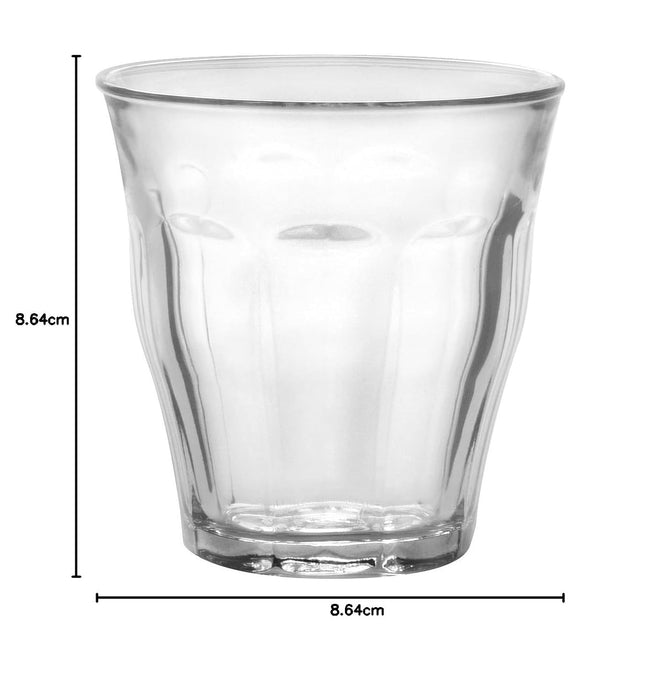 Juego de 6 Vasos Duralex Picardie de 250 ml. Vidrio templado de alta resistencia a golpes y cambios de temperatura. Diseño icónico francés, apilables y aptos para lavavajillas y microondas. Duralex - presentacion