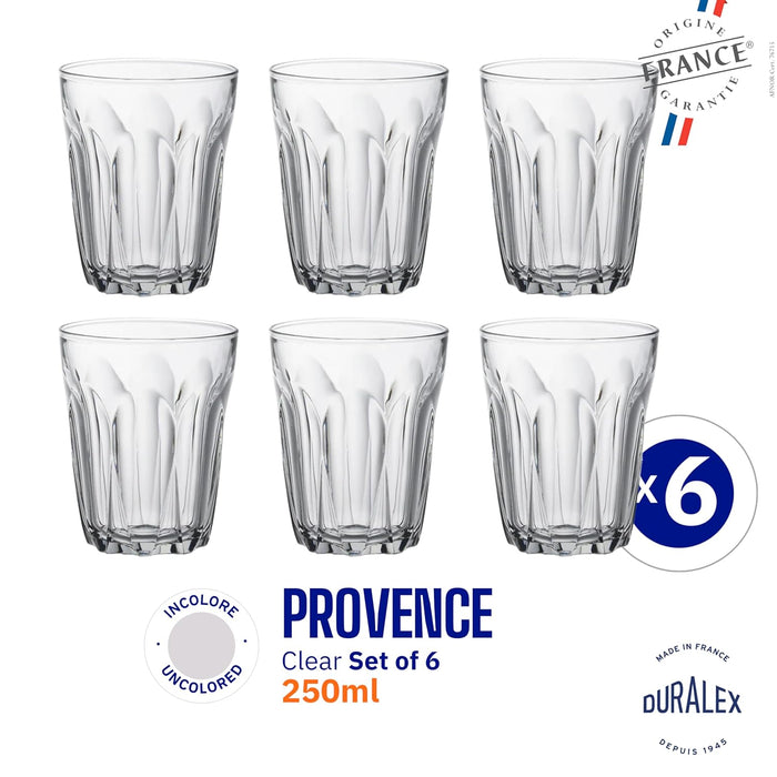 Pack de 6 Vasos Duralex Provence de 250 ml. Cristalería de vidrio templado de alta durabilidad, resistente a golpes y apta para lavavajillas y microondas. Diseño clásico y funcional. Duralex - presentacion