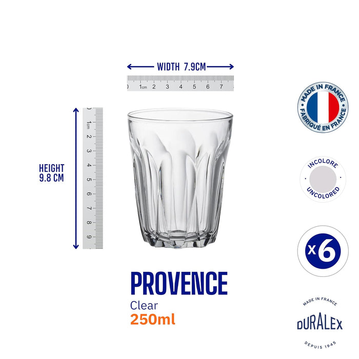 Pack de 6 Vasos Duralex Provence de 250 ml. Cristalería de vidrio templado de alta durabilidad, resistente a golpes y apta para lavavajillas y microondas. Diseño clásico y funcional. Duralex - uso