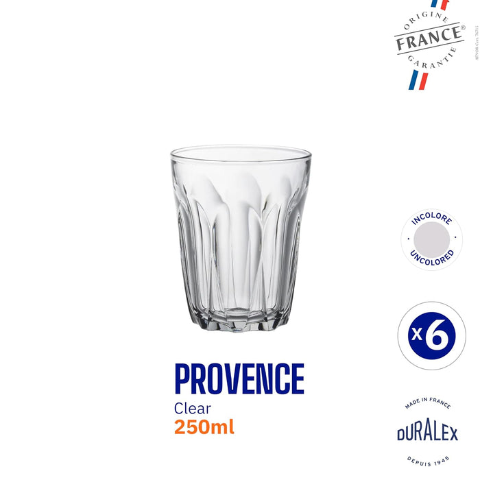 Pack de 6 Vasos Duralex Provence de 250 ml. Cristalería de vidrio templado de alta durabilidad, resistente a golpes y apta para lavavajillas y microondas. Diseño clásico y funcional. Duralex - ingredientes