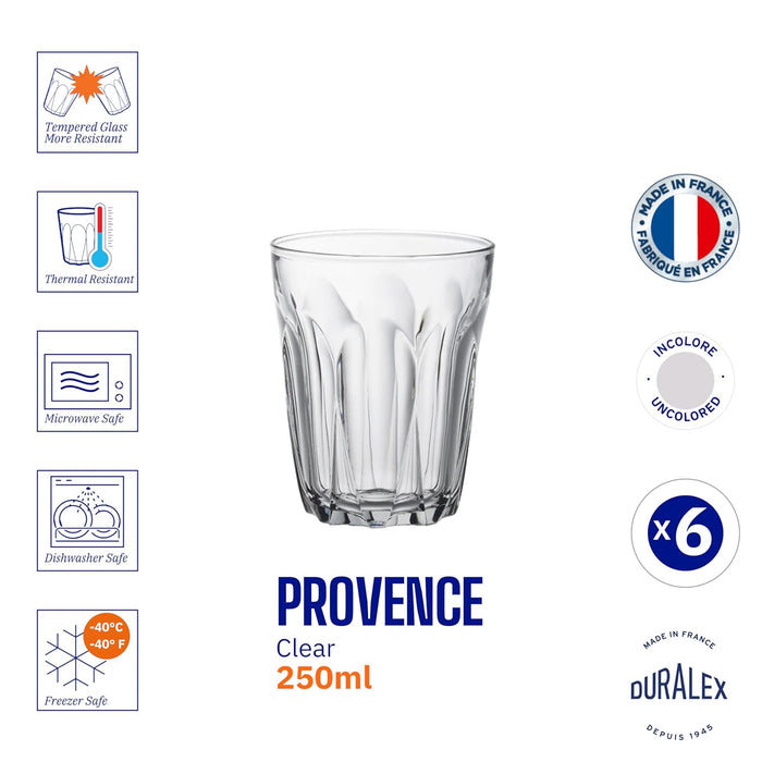 Pack de 6 Vasos Duralex Provence de 250 ml. Cristalería de vidrio templado de alta durabilidad, resistente a golpes y apta para lavavajillas y microondas. Diseño clásico y funcional. Duralex - lateral